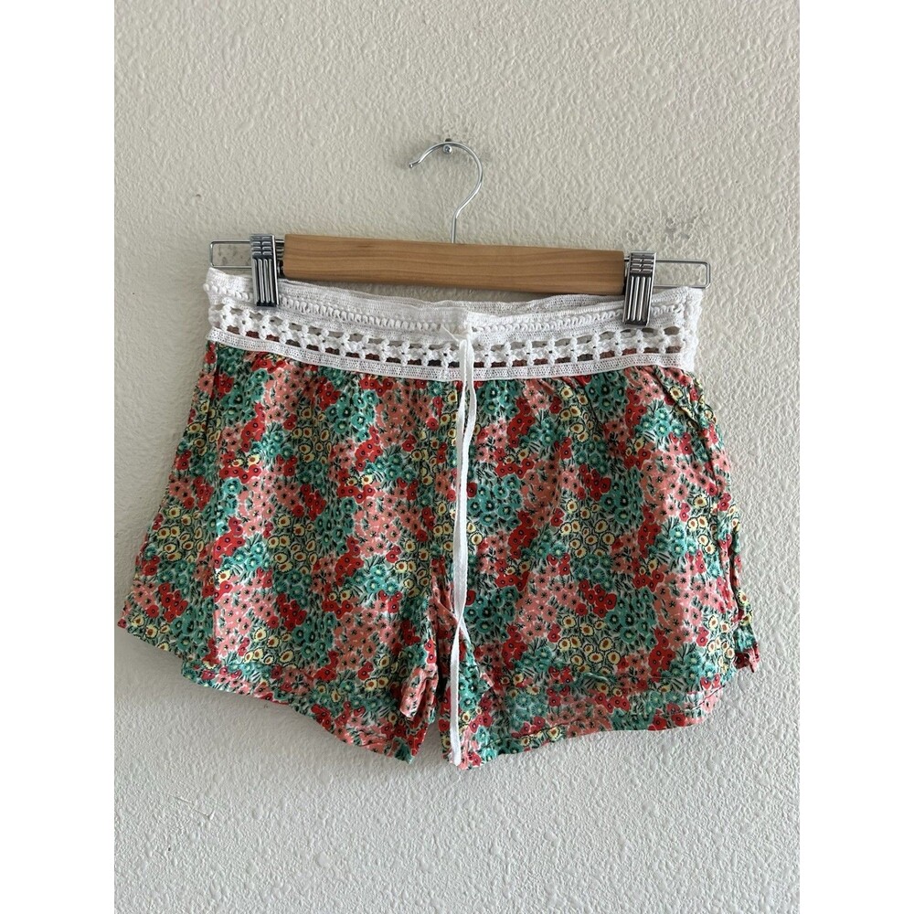 Aerie Womens XXS Floral Print Crochet Waistband Shorts Boho Beach Coquette